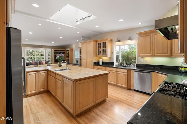 kitchen with appliances with stainless steel finishes, a sink, light brown cabinets, plenty of natural light, and vaulted ceiling