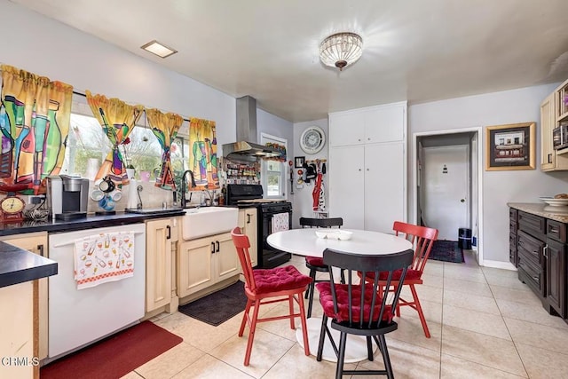 1065 Nithsdale Rd, Pasadena, CA 91105 - kitchen with white dishwasher, black gas range, extractor fan, a sink, and light tile patterned floors