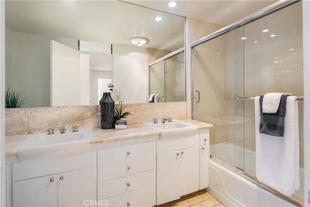 1737 Via Boronada, Palos Verdes Estates, CA 90274 - full bath with double vanity, enclosed tub / shower combo, recessed lighting, and tile patterned floors