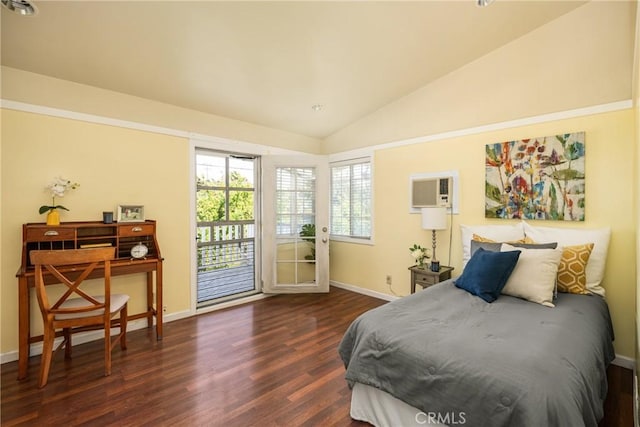 5642 Burlingame Ave, Buena Park, CA 90621 - bedroom with access to outside, lofted ceiling, wood finished floors, baseboards, and an AC wall unit