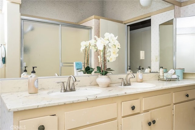 5642 Burlingame Ave, Buena Park, CA 90621 - full bath with a shower stall, double vanity, and wallpapered walls