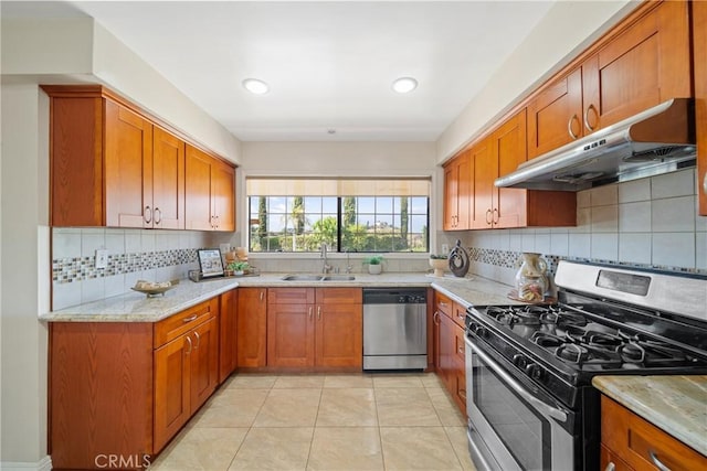 979 Ridgecrest St, Monterey Park, CA 91754 - kitchen with appliances with stainless steel finishes, a sink, under cabinet range hood, tasteful backsplash, and brown cabinets