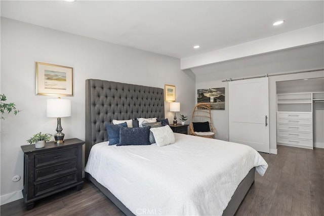 33028 Christina Dr, Dana Point, CA 92629 - bedroom with dark wood finished floors, recessed lighting, a barn door, and baseboards