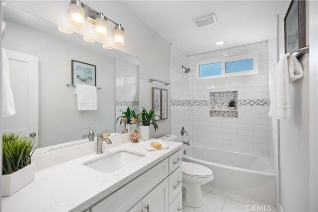 33028 Christina Dr, Dana Point, CA 92629 - bathroom featuring vanity, marble finish floors, shower / bath combination, and recessed lighting