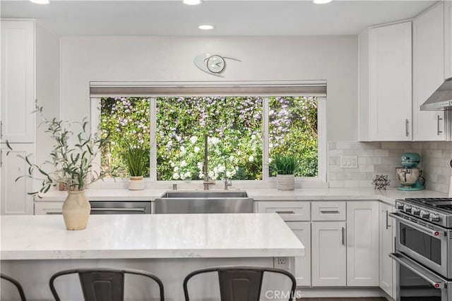 33028 Christina Dr, Dana Point, CA 92629 - kitchen featuring double oven range, a sink, healthy amount of natural light, recessed lighting, and backsplash