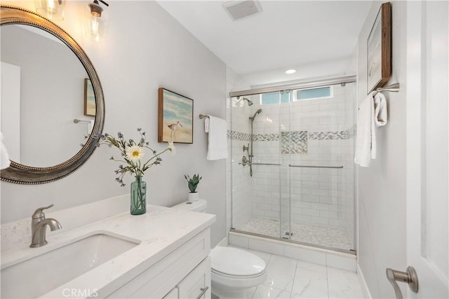 33028 Christina Dr, Dana Point, CA 92629 - bathroom with toilet, marble look tiles, a stall shower, recessed lighting, and vanity