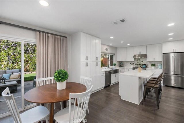 33028 Christina Dr, Dana Point, CA 92629 - kitchen featuring appliances with stainless steel finishes, under cabinet range hood, healthy amount of natural light, light countertops, and recessed lighting