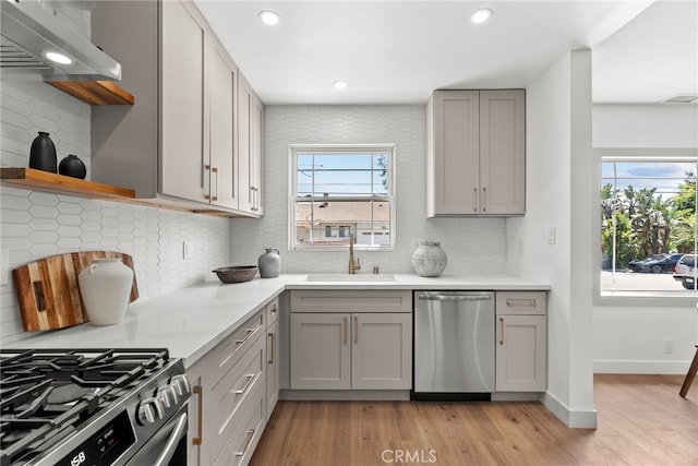3163 W 170th St, Torrance, CA 90504 - kitchen with stainless steel appliances, a sink, gray cabinetry, open shelves, and recessed lighting