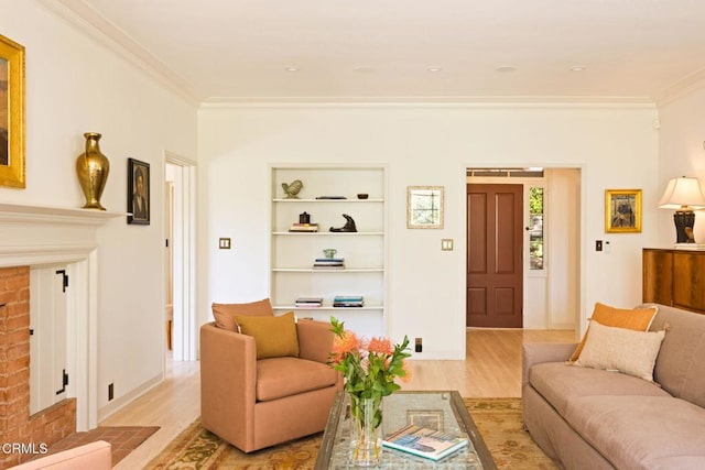1555 Scenic Dr, Pasadena, CA 91103 - living area featuring light wood finished floors, crown molding, and built in shelves
