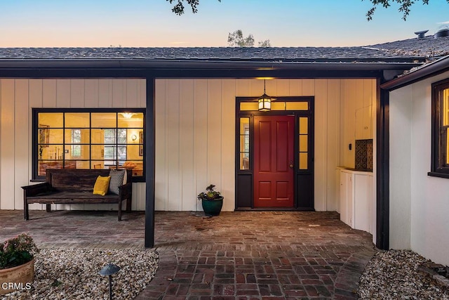 1555 Scenic Dr, Pasadena, CA 91103 - exterior entry at dusk with roof with shingles
