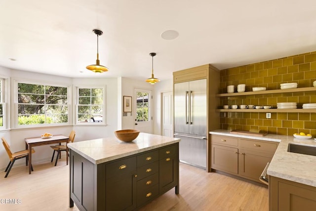 1555 Scenic Dr, Pasadena, CA 91103 - kitchen featuring stainless steel built in refrigerator, open shelves, light wood-style floors, decorative light fixtures, and a kitchen island