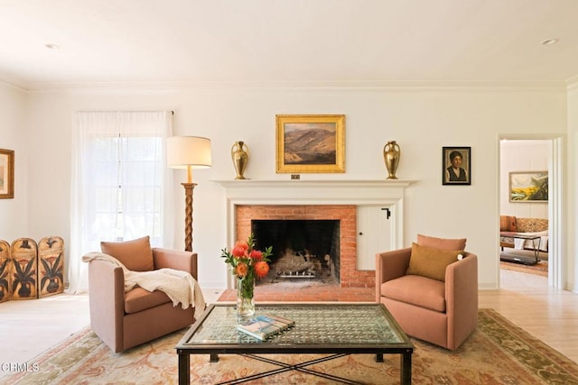 1555 Scenic Dr, Pasadena, CA 91103 - living area with crown molding, light wood finished floors, and a brick fireplace