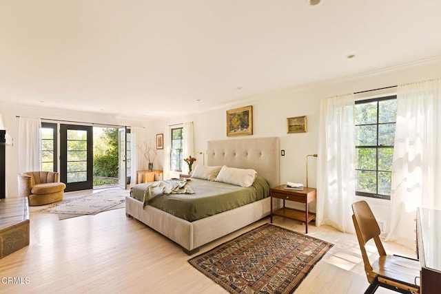 1555 Scenic Dr, Pasadena, CA 91103 - bedroom featuring light wood finished floors, access to exterior, and ornamental molding