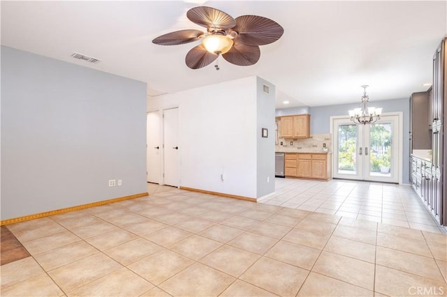 28083 Langside Ave, Canyon Country, CA 91351 - unfurnished living room featuring light tile patterned floors, a chandelier, baseboards, french doors, and a ceiling fan