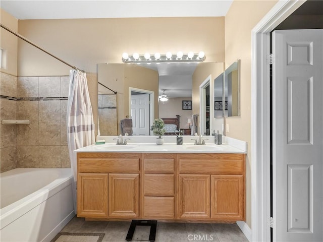22132 Esaws Rd, Apple Valley, CA 92307 - bathroom with ceiling fan, shower / bath combo, double vanity, and tile patterned flooring