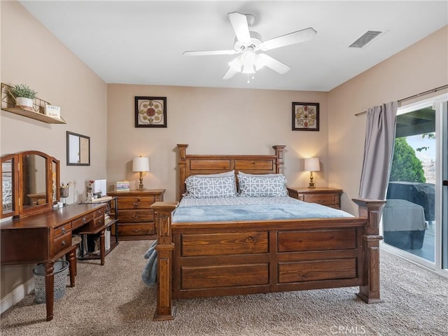 22132 Esaws Rd, Apple Valley, CA 92307 - bedroom featuring carpet, access to exterior, a ceiling fan, and an office area