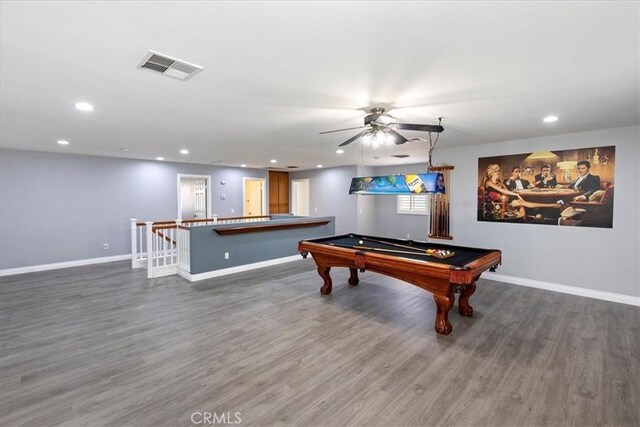 8433 Lindenhurst St, Riverside, CA 92508 - recreation room featuring billiards table, wood finished floors, recessed lighting, and ceiling fan