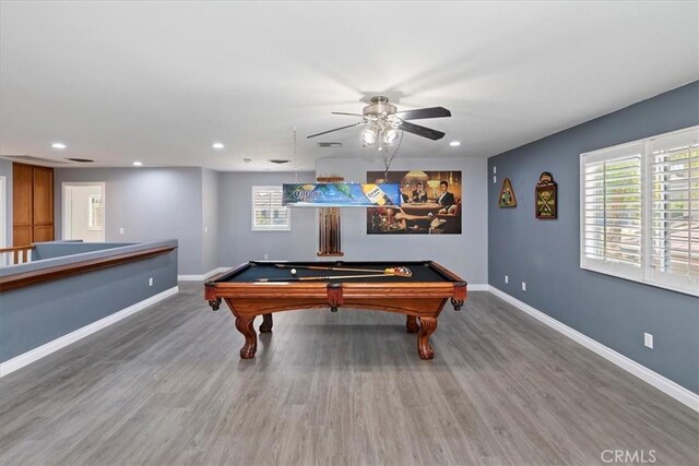 8433 Lindenhurst St, Riverside, CA 92508 - game room featuring ceiling fan, billiards, wood finished floors, and recessed lighting