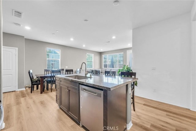 16548 Monteviejo St, Fontana, CA 92336 - kitchen featuring dishwasher, a sink, light wood-style floors, healthy amount of natural light, and recessed lighting
