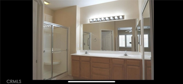 78379 Kistler Way, Palm Desert, CA 92211 - full bathroom with a stall shower, double vanity, and ceiling fan