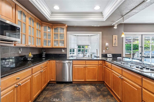 kitchen featuring appliances with stainless steel finishes, healthy amount of natural light, a sink, ornamental molding, and a tray ceiling