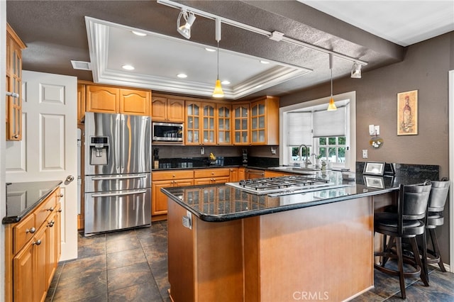 kitchen featuring appliances with stainless steel finishes, a sink, a raised ceiling, rail lighting, and glass insert cabinets