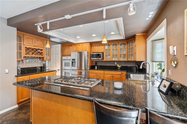 kitchen with stainless steel appliances, a sink, a raised ceiling, a peninsula, and glass insert cabinets