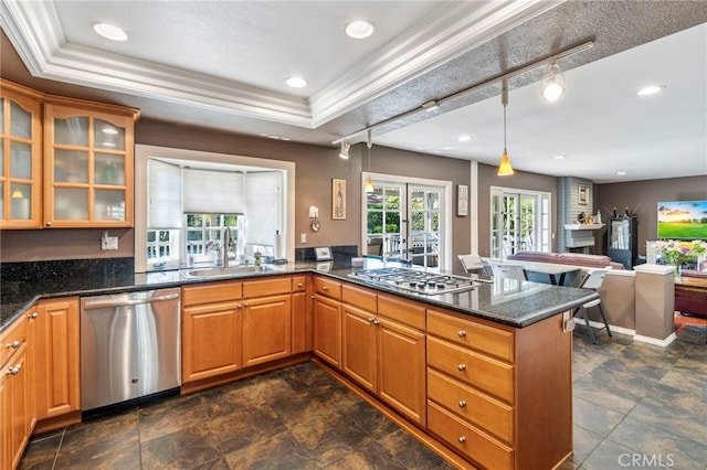 kitchen with appliances with stainless steel finishes, a sink, a peninsula, glass insert cabinets, and crown molding