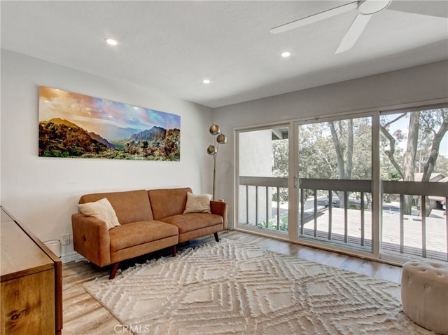 6587 E Via Fresco, Anaheim Hills, CA 92807 - living room featuring wood finished floors, recessed lighting, and ceiling fan