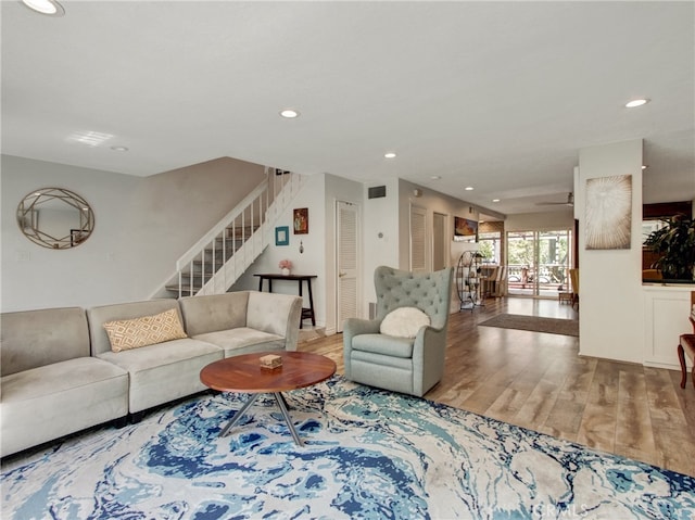 6587 E Via Fresco, Anaheim Hills, CA 92807 - living area with recessed lighting, stairway, and wood finished floors