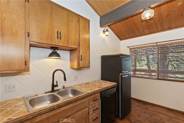 859 Poe Ct, Lake Arrowhead, CA 92352 - kitchen featuring black appliances, a sink, dark wood-style flooring, backsplash, and wood ceiling