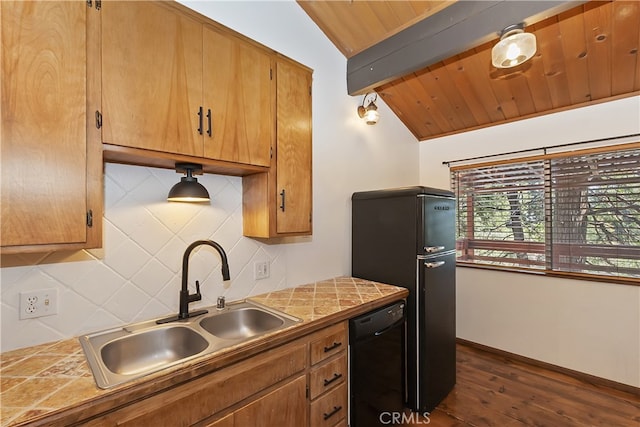 859 Poe Ct, Lake Arrowhead, CA 92352 - kitchen with a sink, black appliances, dark wood-style flooring, tasteful backsplash, and brown cabinetry
