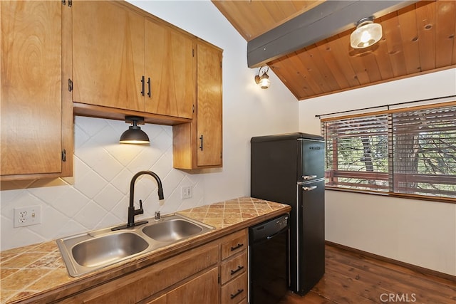 859 Poe Ct, Lake Arrowhead, CA 92352 - kitchen featuring black appliances, dark wood-style flooring, backsplash, brown cabinetry, and wood ceiling