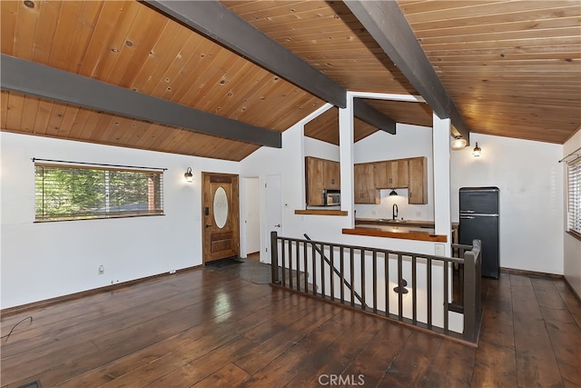 859 Poe Ct, Lake Arrowhead, CA 92352 - interior space featuring a sink, dark wood-type flooring, baseboards, and wood ceiling