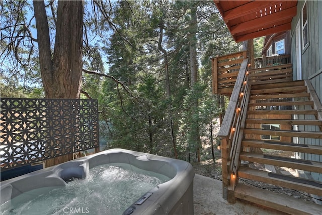 859 Poe Ct, Lake Arrowhead, CA 92352 - view of patio with stairs, a deck, and a hot tub