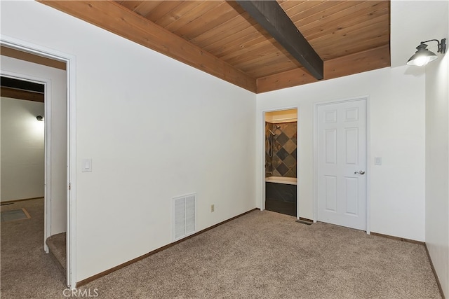 859 Poe Ct, Lake Arrowhead, CA 92352 - spare room featuring wooden ceiling, carpet, beam ceiling, and baseboards