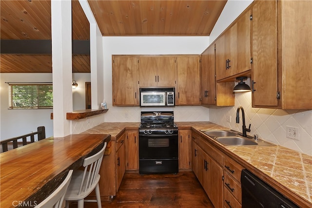 859 Poe Ct, Lake Arrowhead, CA 92352 - kitchen with black appliances, wooden ceiling, a sink, dark wood finished floors, and backsplash