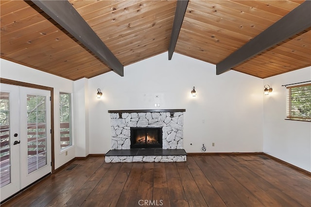 859 Poe Ct, Lake Arrowhead, CA 92352 - unfurnished living room featuring french doors, a fireplace, wood ceiling, wood-type flooring, and baseboards