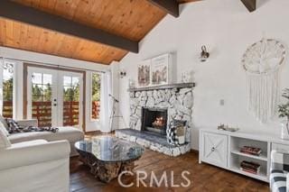 859 Poe Ct, Lake Arrowhead, CA 92352 - living room with wood ceiling, wood finished floors, a stone fireplace, and french doors