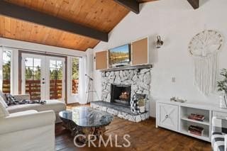 859 Poe Ct, Lake Arrowhead, CA 92352 - living area featuring wood ceiling, healthy amount of natural light, dark wood-style floors, a stone fireplace, and french doors