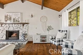 859 Poe Ct, Lake Arrowhead, CA 92352 - sitting room featuring wood ceiling, wood finished floors, and a fireplace