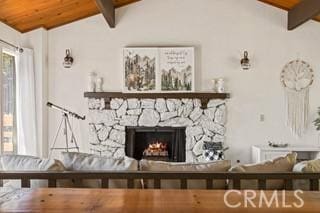 859 Poe Ct, Lake Arrowhead, CA 92352 - living room featuring wooden ceiling and a stone fireplace