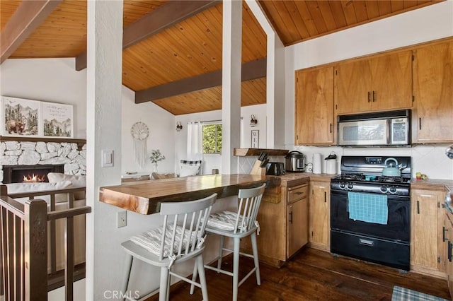 859 Poe Ct, Lake Arrowhead, CA 92352 - kitchen featuring black gas stove, stainless steel microwave, wooden ceiling, dark wood-type flooring, and backsplash