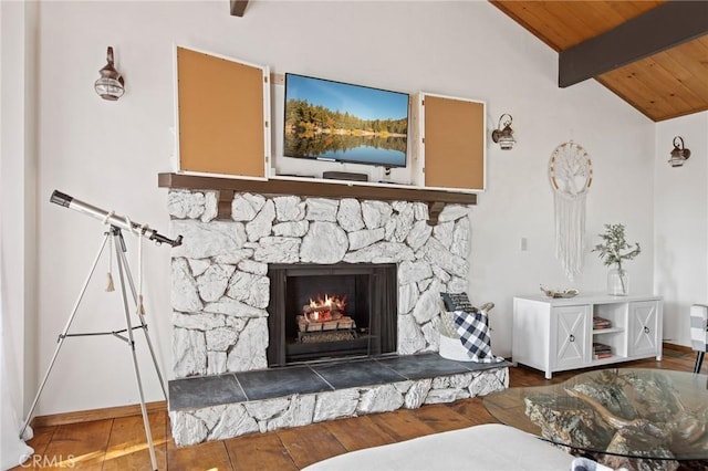 859 Poe Ct, Lake Arrowhead, CA 92352 - detailed view of a wood ceiling with exposed beams, wood finished floors, and a stone fireplace