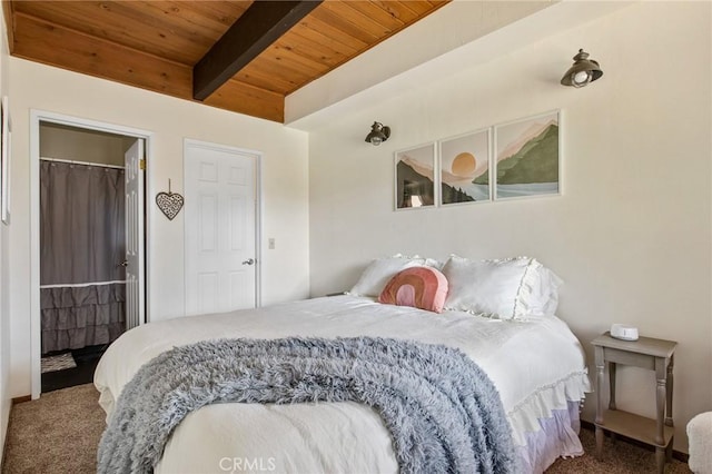 859 Poe Ct, Lake Arrowhead, CA 92352 - carpeted bedroom with a wooden ceiling with exposed beams
