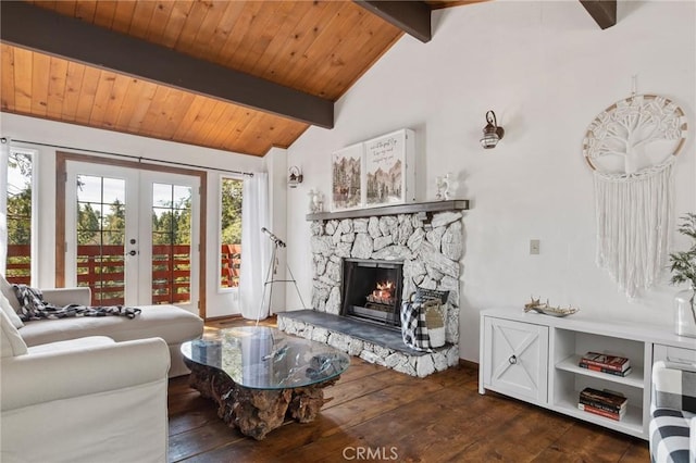859 Poe Ct, Lake Arrowhead, CA 92352 - living room featuring hardwood / wood-style floors, french doors, a stone fireplace, and wood ceiling
