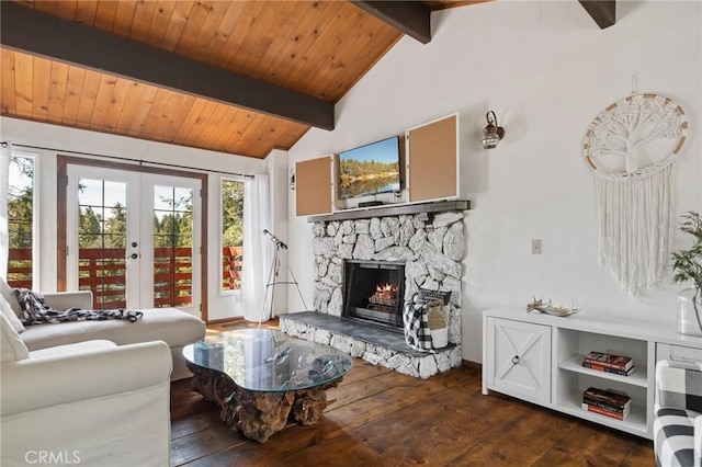 859 Poe Ct, Lake Arrowhead, CA 92352 - living room with hardwood / wood-style flooring, french doors, plenty of natural light, a fireplace, and wooden ceiling