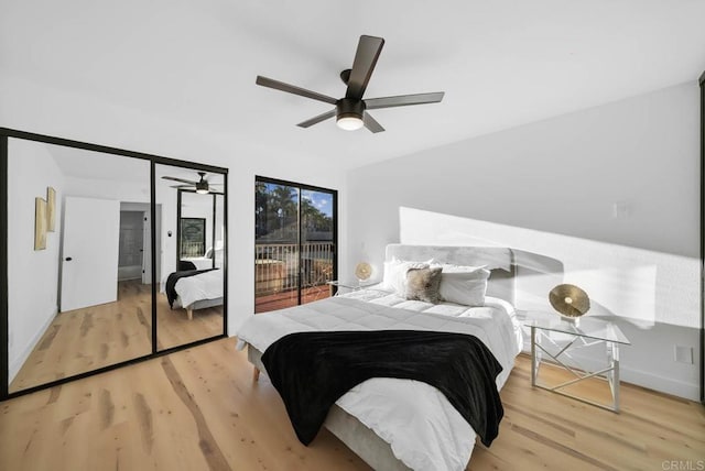 bedroom featuring light wood-style flooring, access to exterior, and a ceiling fan