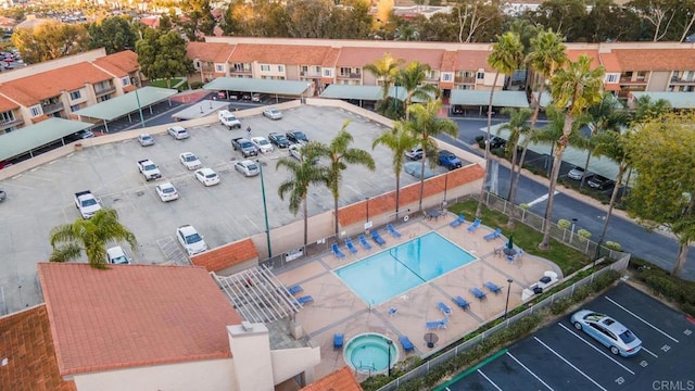 drone / aerial view of a pool