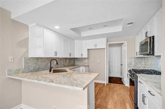 401 Deerfield Ave Unit 84, Irvine, CA 92606 - kitchen with appliances with stainless steel finishes, a sink, a peninsula, a tray ceiling, and open shelves